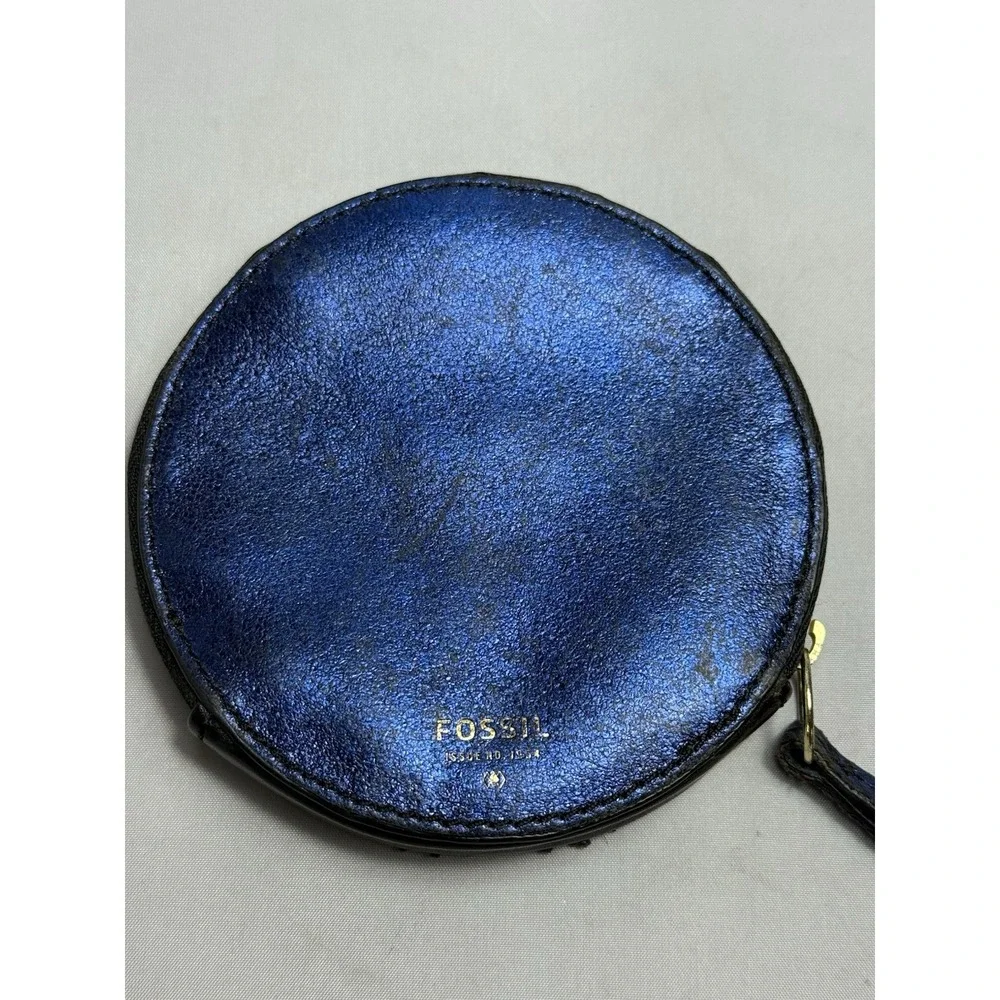Fossil Penguin Leather Zip Up Coin Purse Wallet Blue Glitter Accessory Unique